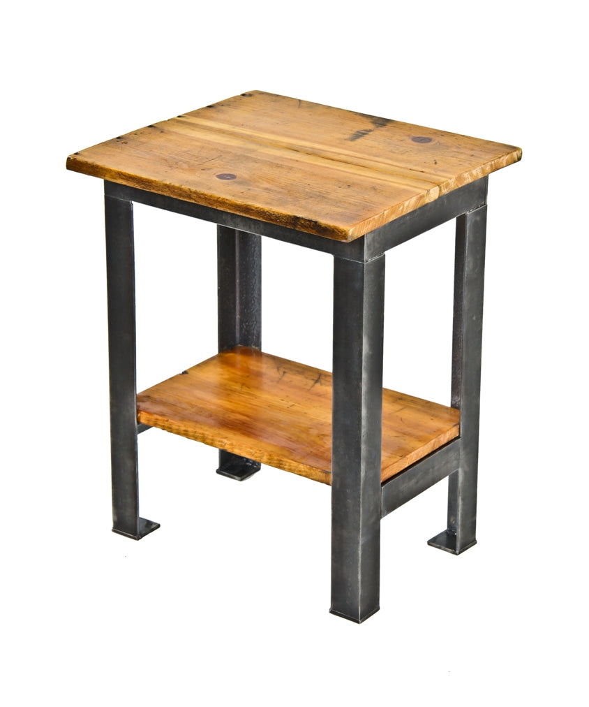 repurposed c. 1930's heavily reinforced american industrial all-welded angled steel side table with newly added recycled pine wood tabletop and undershelf