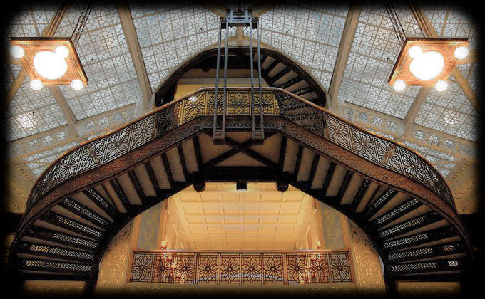late 19th century perforated cast iron interior rookery building staircase riser panel featuring moorish-inspired intertwined geometric shapes