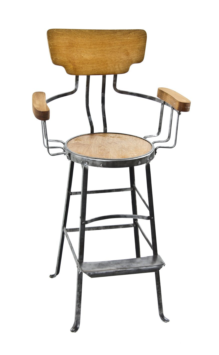 completely restored and intact early 20th century american vintage industrial chicago pool hall stationary seat spectator chair with folded and pressed steel footrest
