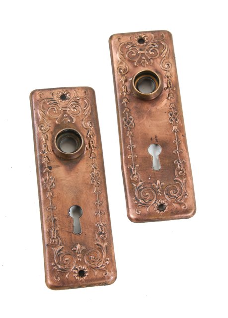 two early 20th century embossed copper-plated wrought steel interior residential doorknob backplates with floriated ornament throughout
