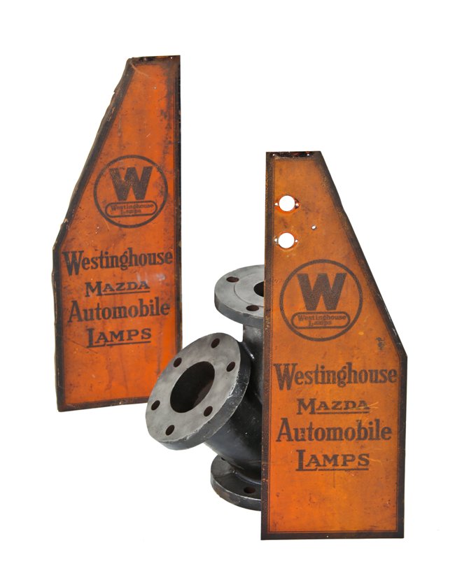 set of c .1930's vintage american industrial service station mazda automobile lamp "rd" display angled side panels comprised of lithographed steel