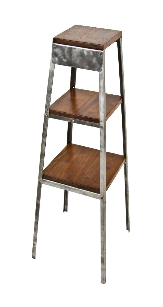 repurposed angled steel freestanding salvaged chicago three-tier service station display stand with walnut wood shelves