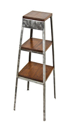 repurposed angled steel freestanding salvaged chicago three-tier service station display stand with walnut wood shelves