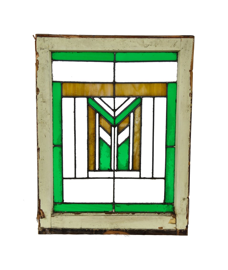 impressive c. 1915-20 american leaded art glass prairie school style chicago bungalow geometric window with centrally located chevron window
