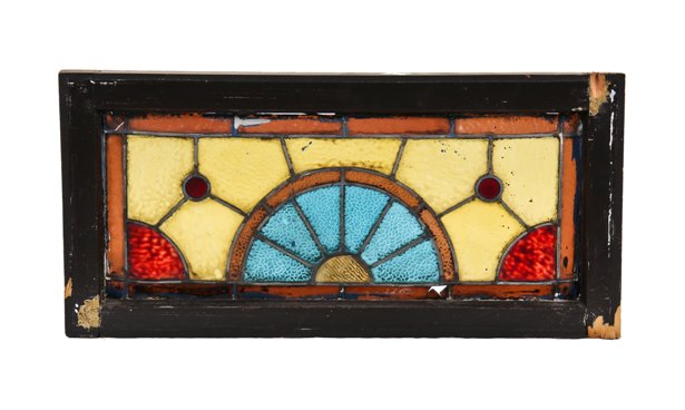 late 1880's american eastlake style chicago three-flat leaded stained glass transom window with centrally located segmented half-circle