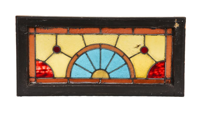 antique american 19th century eastlake style leaded stained glass transom window salvaged from a non-extant chicago three-flat residence
