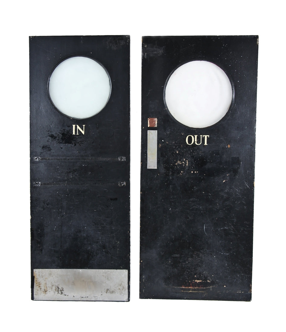set of spectacular american art deco depression era chicago nightclub "in" and "out" black painted swinging doors with circular portals