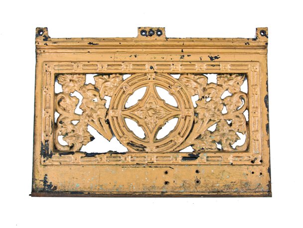 heavily embellished largely intact american daniel h. burnham fisher building gothic style cast iron elevator door kickplate with older gold paint finish