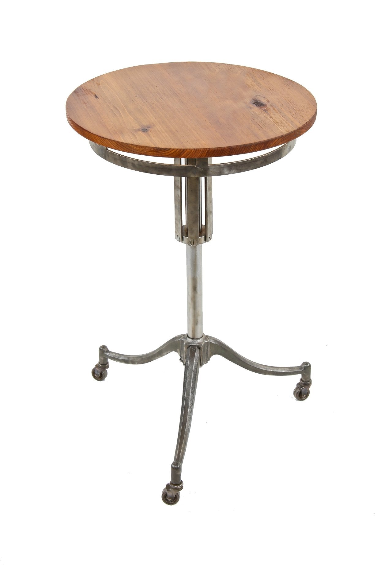 completely repurposed vintage industrial steel wire spooling mobile machine base with newly added old growth poplar wood table top