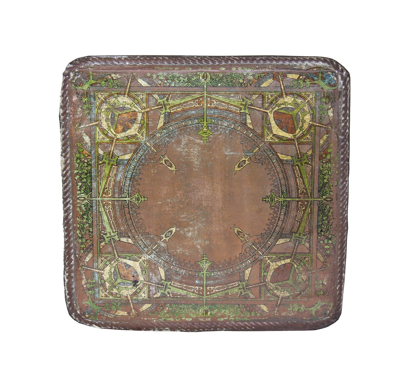 very rare museum quality c. 1920's original louis sullivan-designed polychrome lithographed steel stoveboard with structurally sound wood core