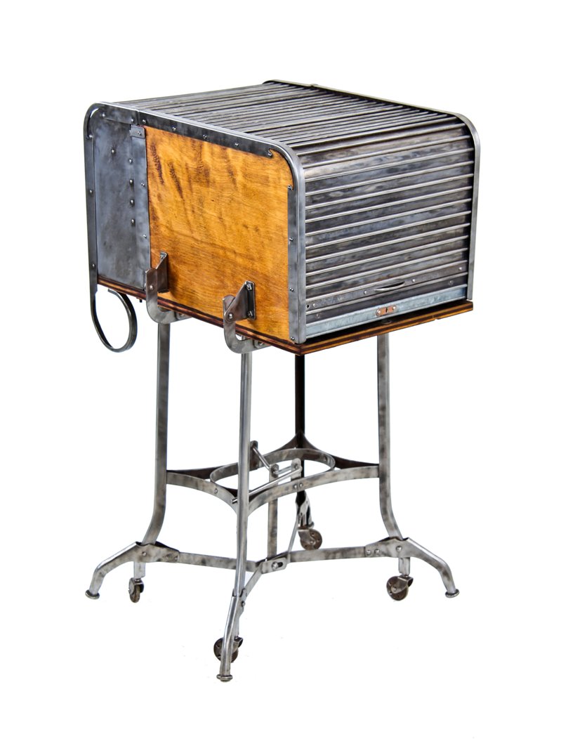 refinished original and intact early 20th century american industrial portable "uhl art steel" stenographer combination roll-top and drop-leaf table or desk