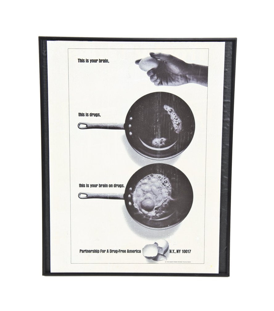 rare vintage american single-sided framed "this is your brain on drugs" new york city subway anti-drug black and white campaign poster