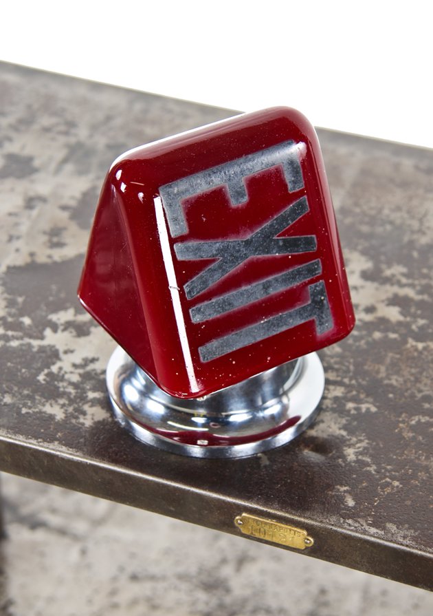 completely intact c. 1930's american double-sided ruby red glass theater auditorium illuminated wedge-shaped glass exit light with chrome fitter