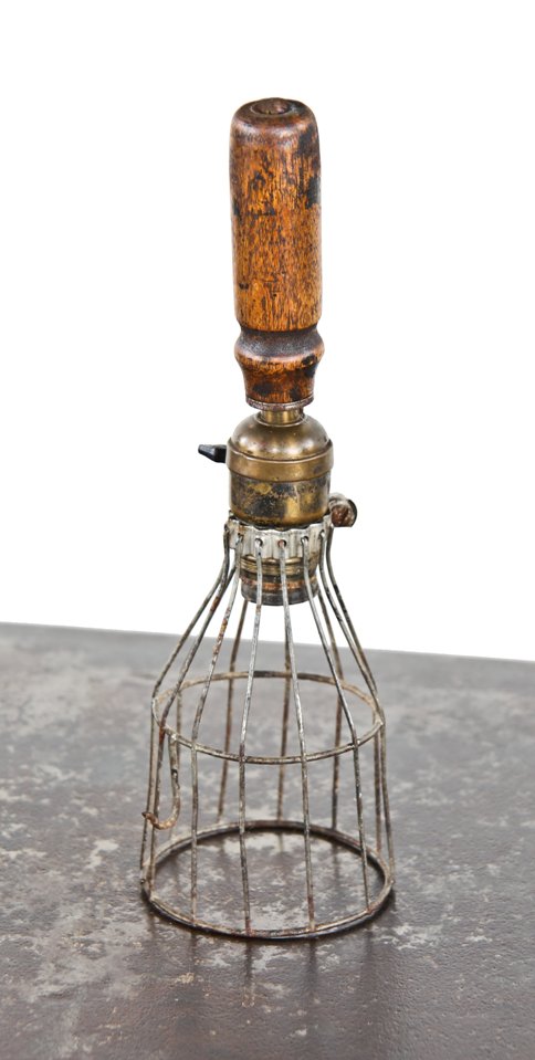 c. 1910-15 original and intact american industrial portable hangable "trouble light" with nicely weathered and finely turned maple wood handle