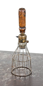 c. 1910-15 original and intact american industrial portable hangable "trouble light" with nicely weathered and finely turned maple wood handle