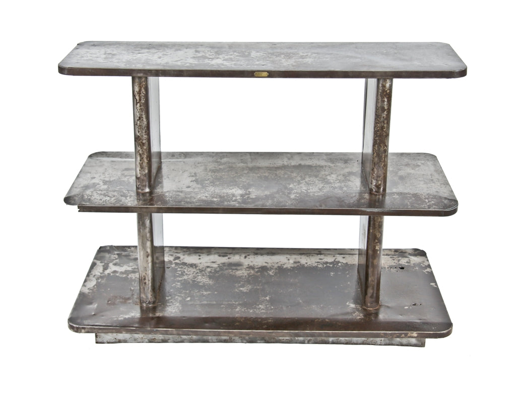 largely intact c. 1940's american streamlined style pressed and folded furniture sheet steel three-tier product display rack