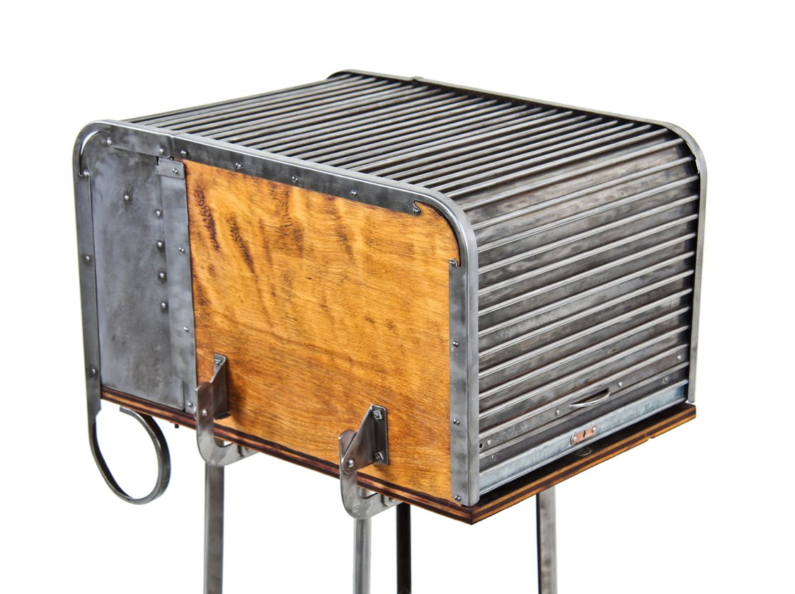 refinished original and intact early 20th century american industrial portable "uhl art steel" stenographer combination roll-top and drop-leaf table or desk