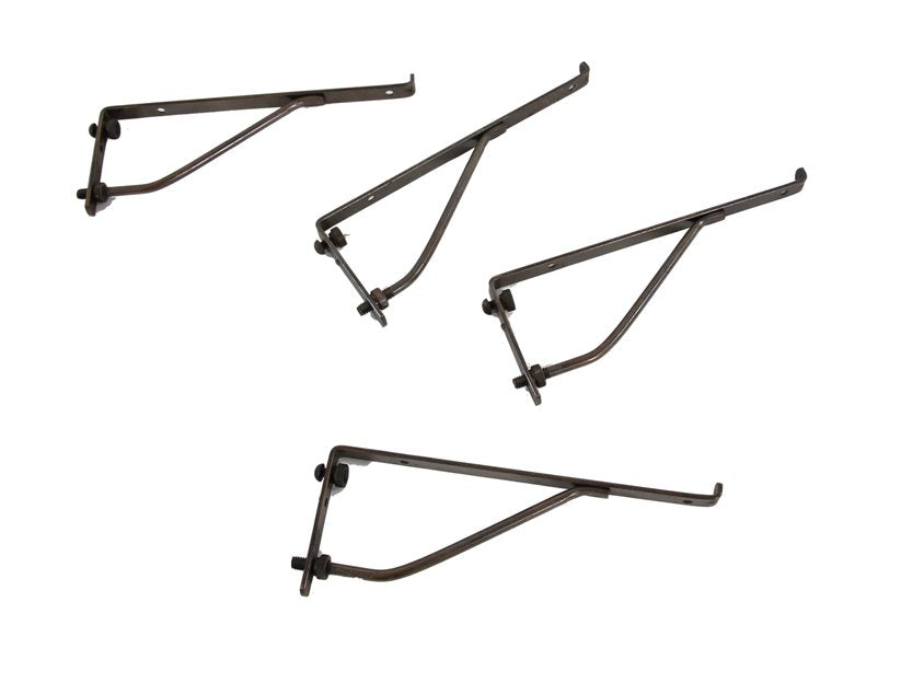 set of four matching reinforced late 1920's american drugstore apothecary cabinet glass shelf brackets with metallic bronze finish