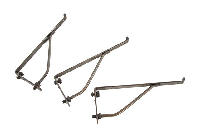 lot of three matching original c. 1920's "garcy" brand heavy gauge anodized bronze plated steel drugstore apothecary glass or wood shelf brackets