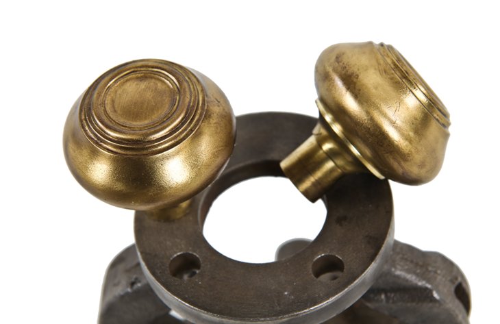 two matching c. 1920's mission or craftsman style oil-rubbed bronze wrought yellow brass interior residential doorknobs with graduating concentric rings