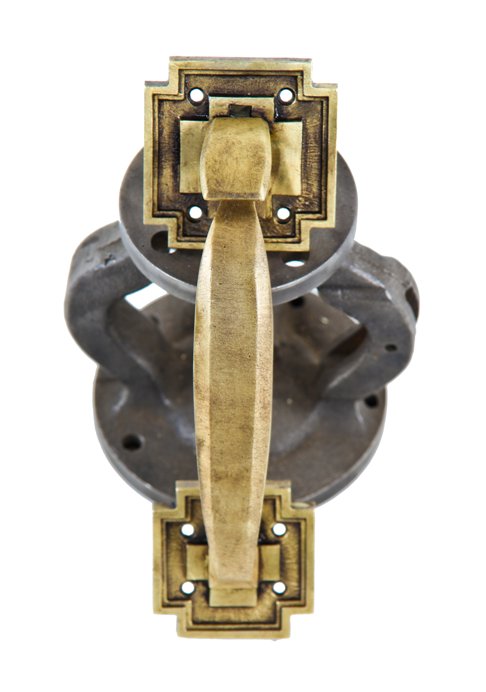 highly stylized early 1920's american antique mission style commercial store door cast brass thumblatch door handle with oil-rubbed bronze finish