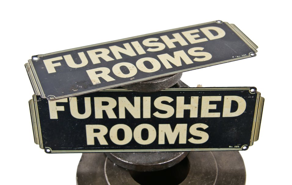 original c. 1930's american art deco style single-sided baked enameled stamped steel new old stock "furnished rooms" informational signs with stepped profile