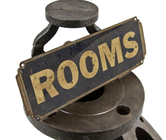 single c. 1930's american art deco style machine age single-sided die cut steel wall-mount transient hotel "rooms" baked enameled sign