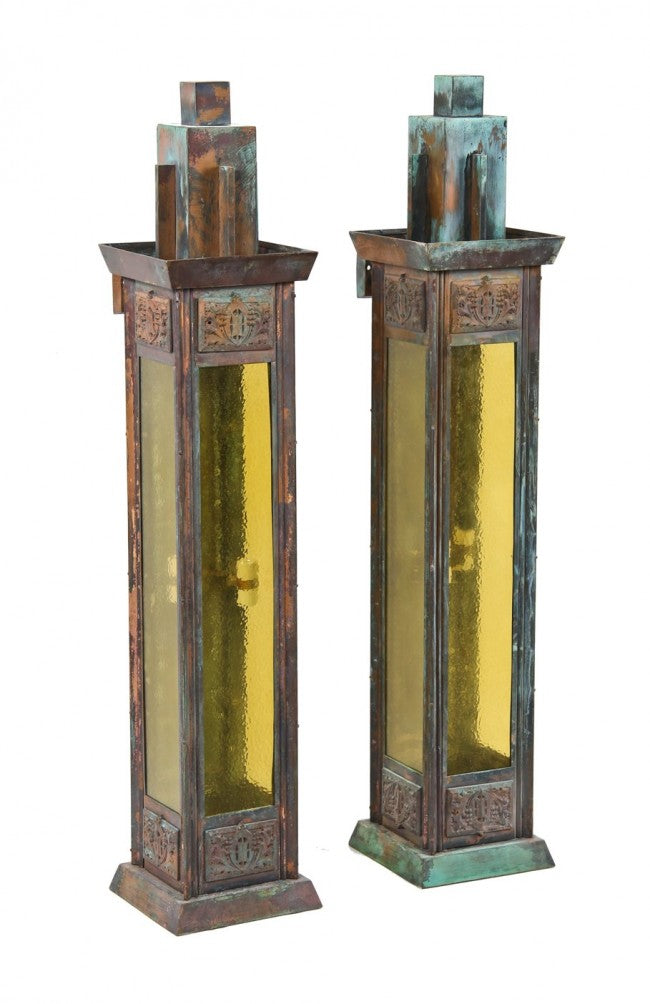largely intact and thoroughly restored cast and wrought brass and bronze c. 1930's oliver p. morton elmslie-designed exterior wall sconce with original top finial