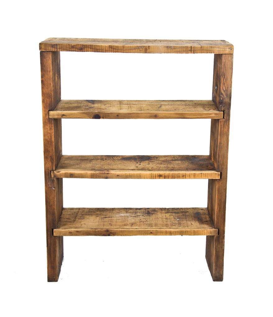 custom-built c. 1920's vintage american industrial old growth pine wood freestanding multi-tier factory shelving unit with notched joints