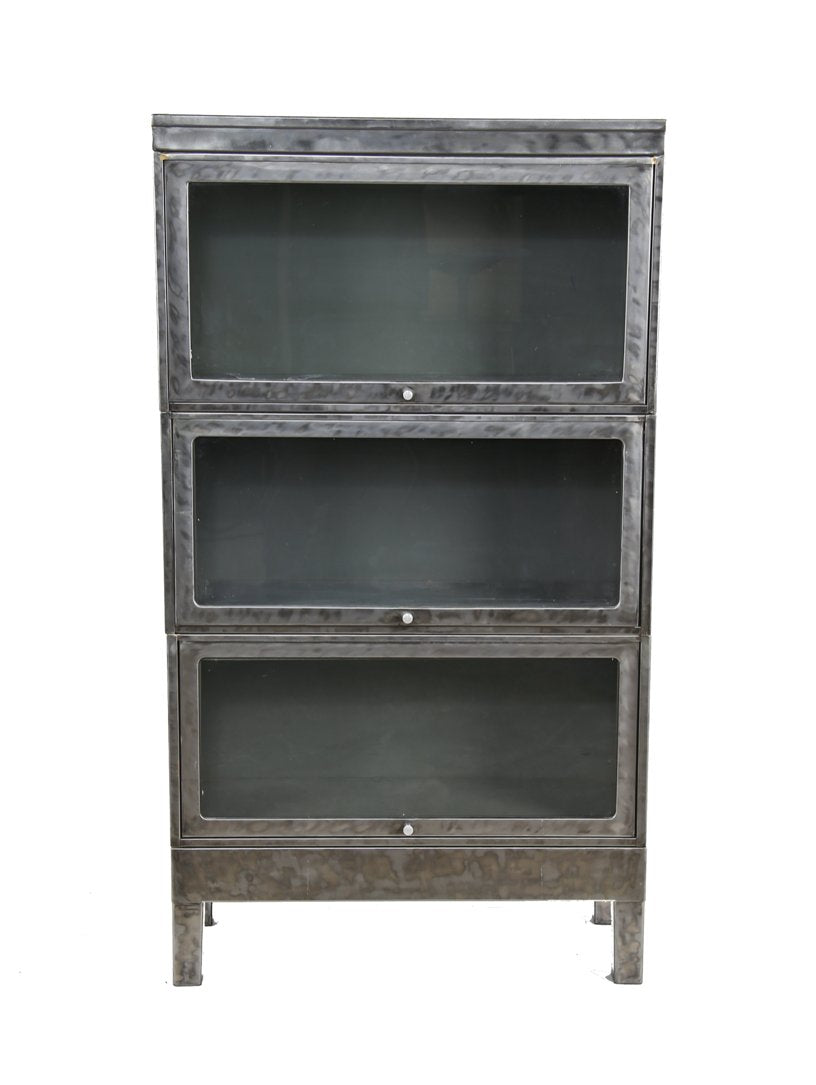 original late 1940's american vintage industrial "detroit arsenal" brushed cold-rolled steel stackable barrister factory office cabinet with sliding doors