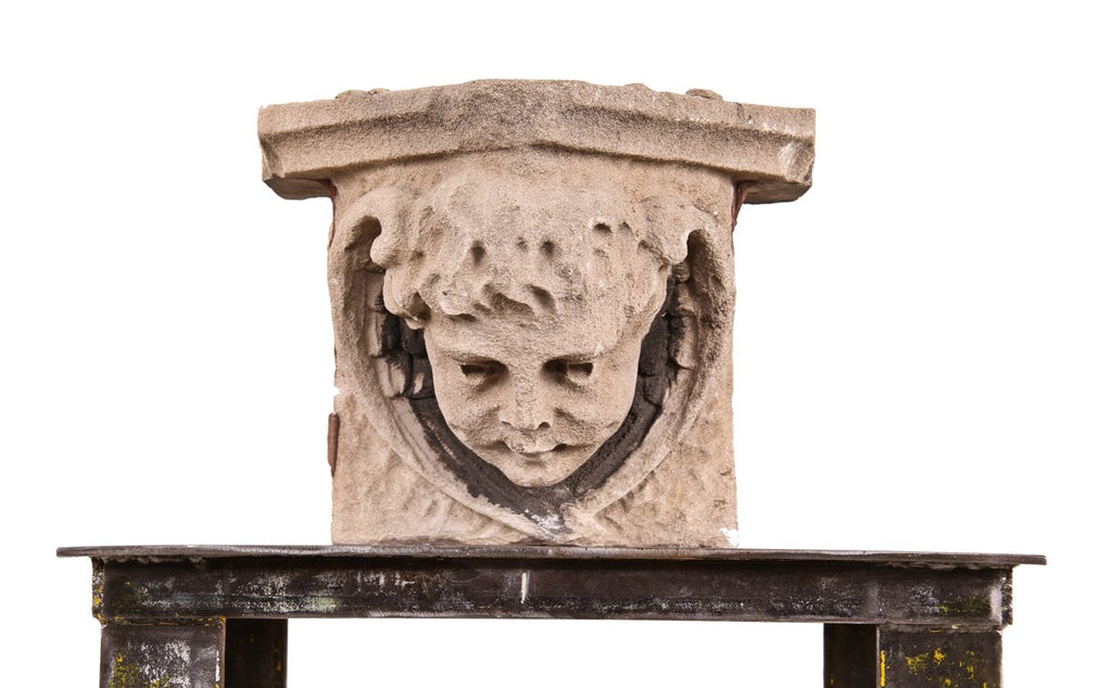 unique and elegant 19th century original antique american victorian era hand carved solid limestone exterior residential winged cherub building facade keystone element
