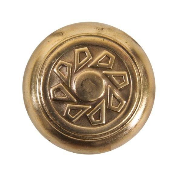 unusually designed c. 1930's original american art deco style wrought brass passage size doorknob with a mostly uniform brushed metal finish