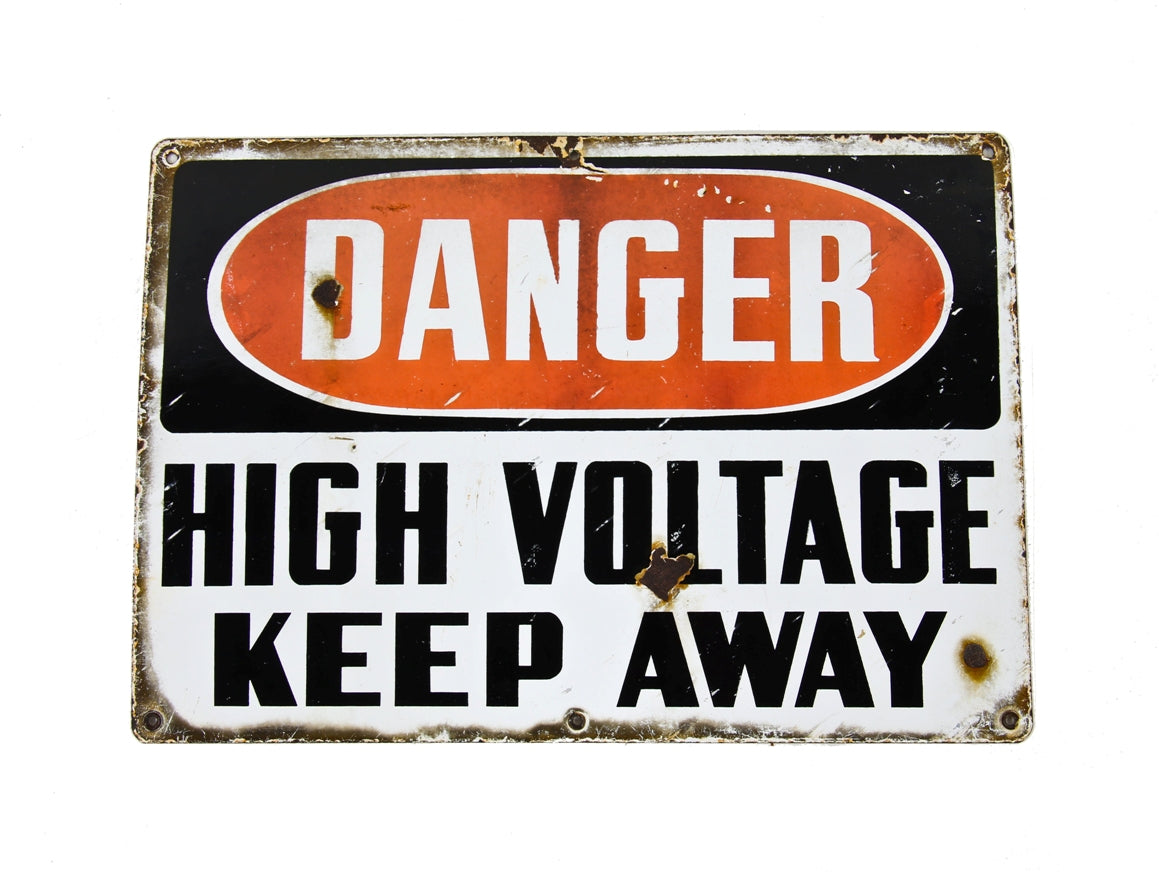 early c. 1920's american vintage industrial sizable single-sided vitreous enameled factory worksite "high voltage" danger sign with typical surface wear