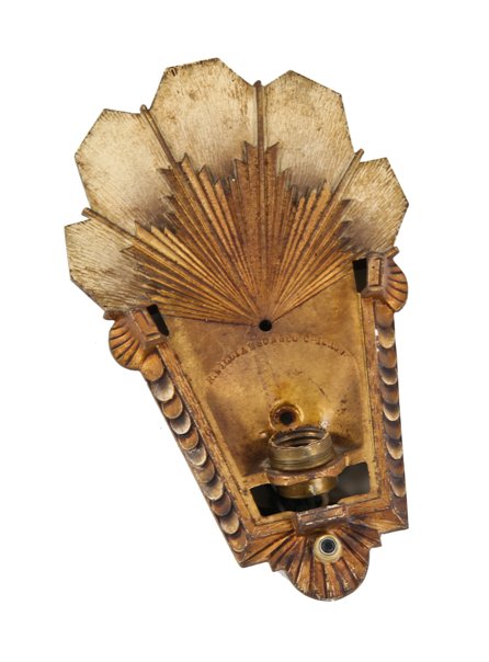 single original american art deco style ornamental cast iron residential flush mount electric wall sconce with largely intact polychrome enameled finish