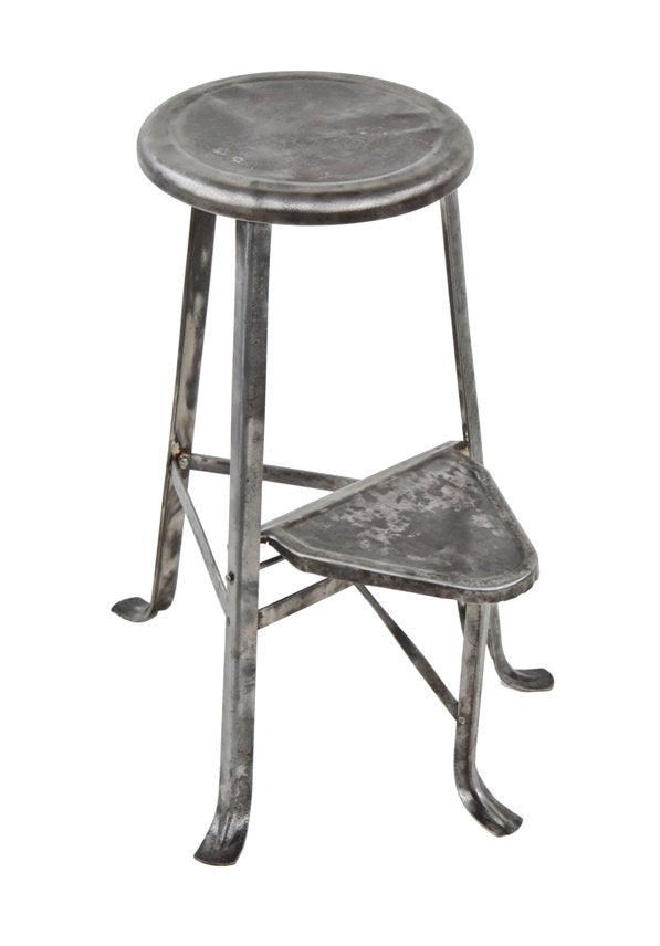 refinished c. 1920's vintage american industrial pressed and folded steel three-legged stool with intact and fully functional drop-down step