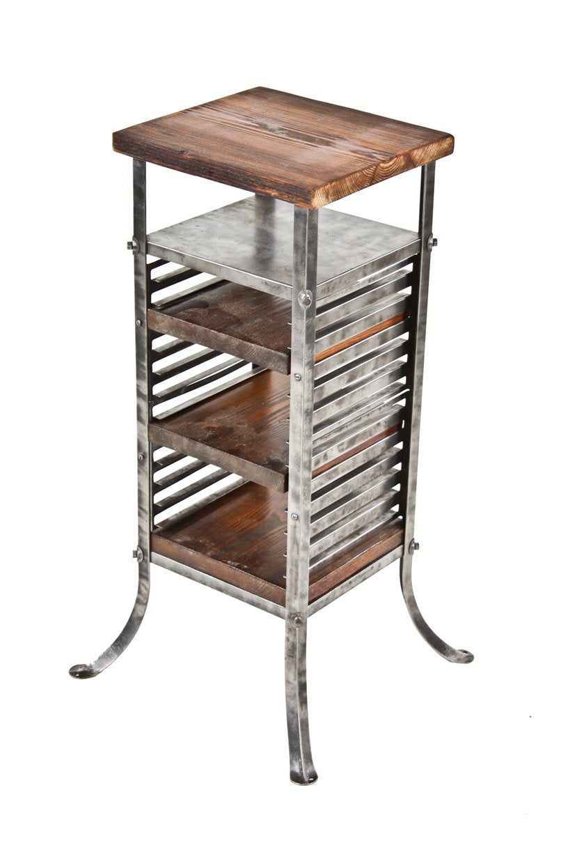 completely refurbished early 20th century cold-rolled riveted joint steel diminutive multi-tier rack with removable varnished wood shelves and flared feet