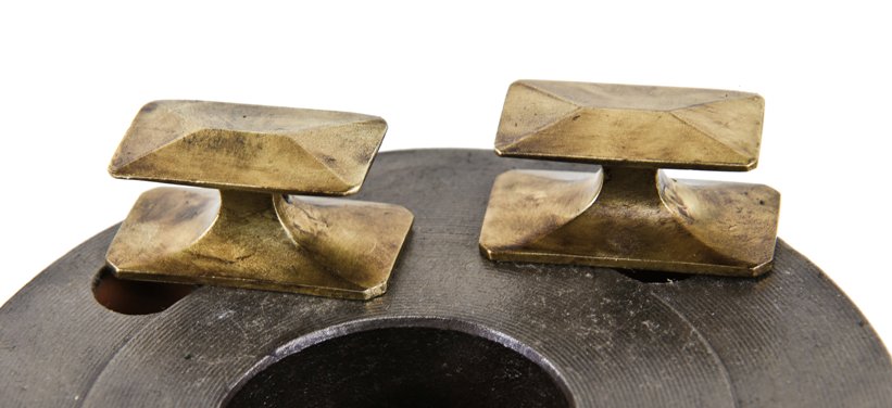 two matching american antique craftsman or mission style ornamental cast brass residential built-in cabinet diminutive drawer pulls