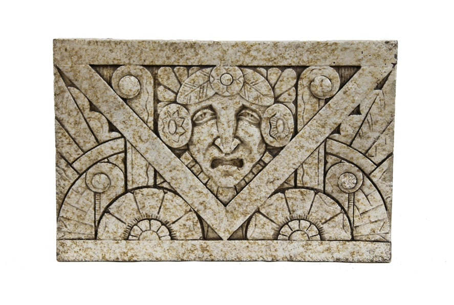 original c. 1931 american depression era art deco style exterior historic nortown theater figural "tragedy" speckle glazed terra cotta frize panel