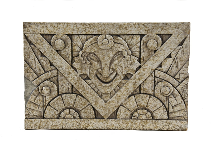 historically important c. 1930's american art deco exterior nortown theater facade "comedy" figural glazed terra cotta frieze panel with marbleized finish
