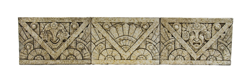 original c. 1931 american depression era art deco style exterior historic nortown theater figural "tragedy" speckle glazed terra cotta frize panel