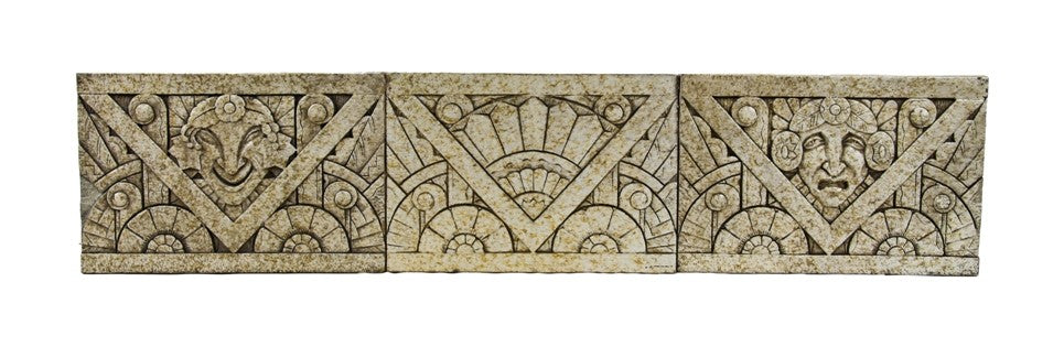 original early 1930's american art deco style exterior speckeled glaze nortown theater building facade frieze panel with chevron and floral motifs