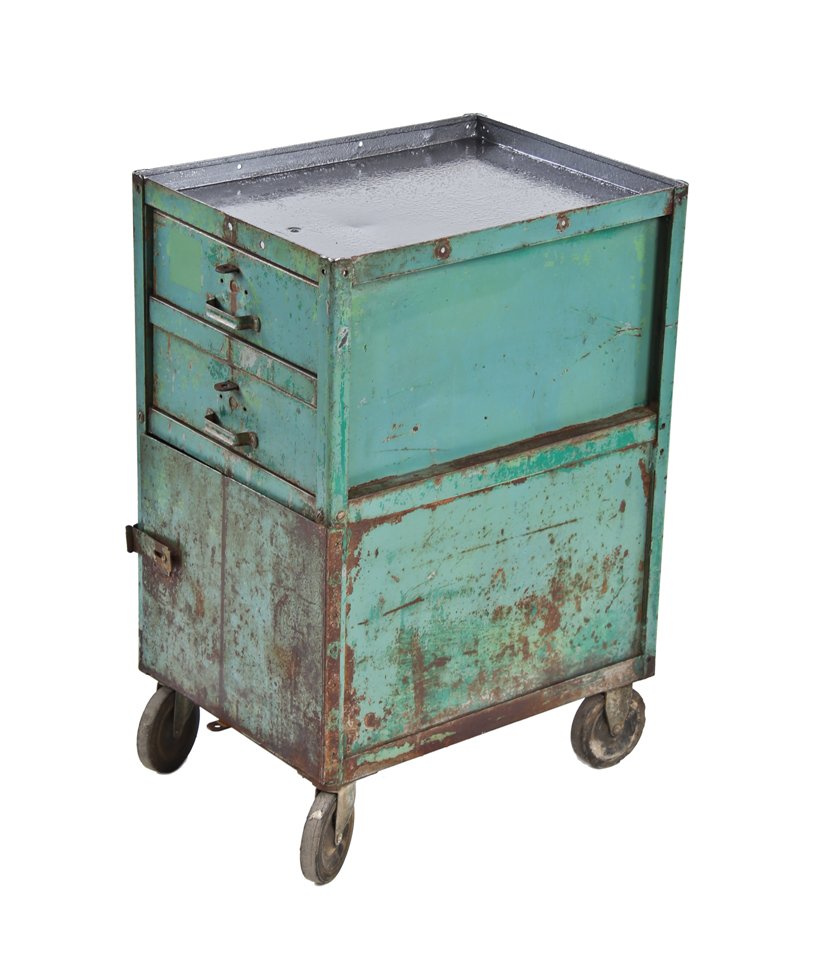 late 1940's vintage american industrial weathered and worn green enameled heavy gauge steel mobile work cabinet with pull-out drawers