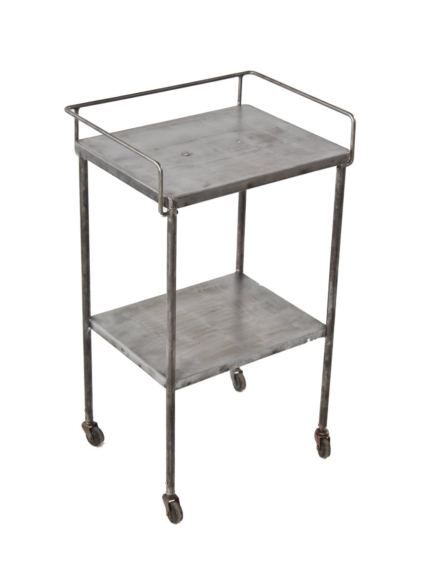 c. 1940's original american vintage medical brushed folded and pressed steel hospital operating room rolling two tier supply cart or workstation