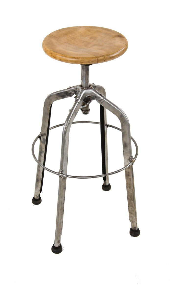 very unique fully adjustable c. 1930's "uhl art steel" four-legged stationary stool with functional clutch and oversized welded joint heel ring
