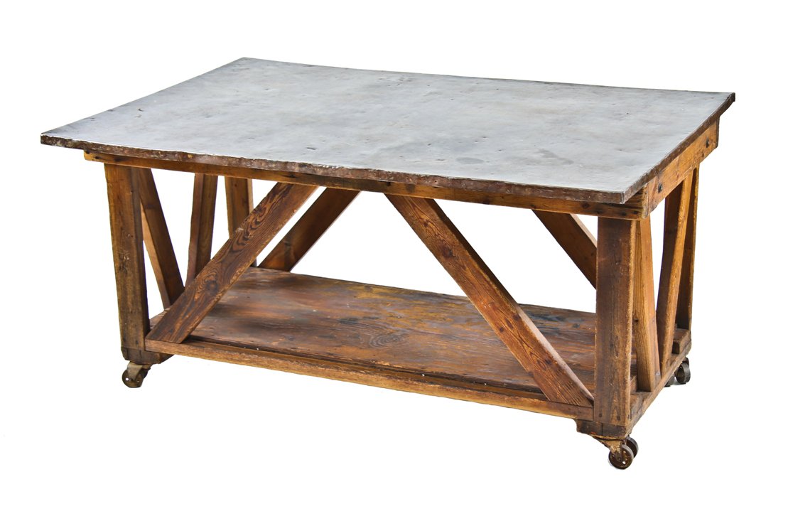 very unique and unusual c. 1920's solidly built american vintage industrial wood table with oversized heavy gauge sheet steel tabletop