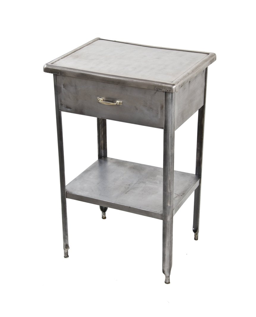 c. 1930's american vintage medical stationary hospital cold-rolled steel side table with single pull-out drawer and welded joint undershelf
