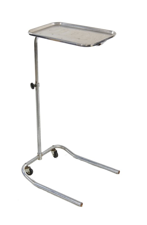 fully adjustable c. 1950's vintage medical telescoping mobile hospital operating room "mayo stand" with detachable rolled rim instrument tray