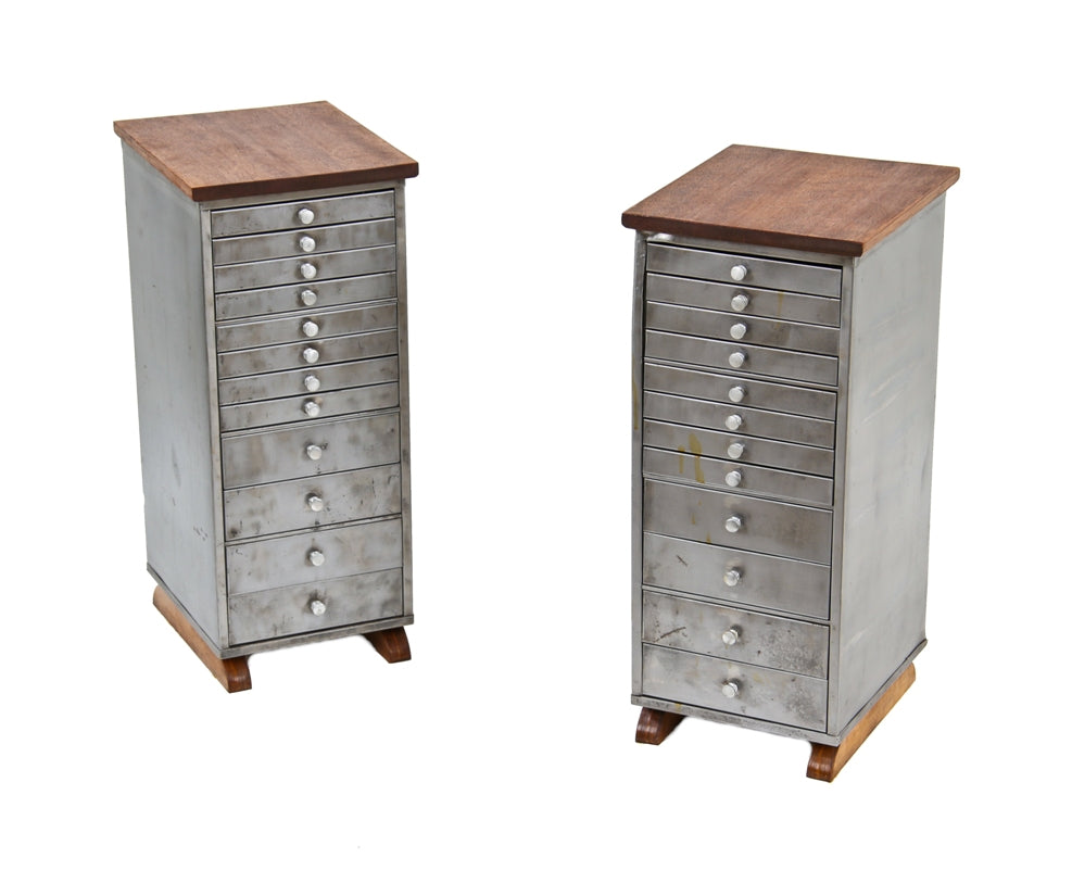 matching set of repurposed c. 1940's american vintage industrial multi-drawer freestanding "equipto" side tables with custom-built bases