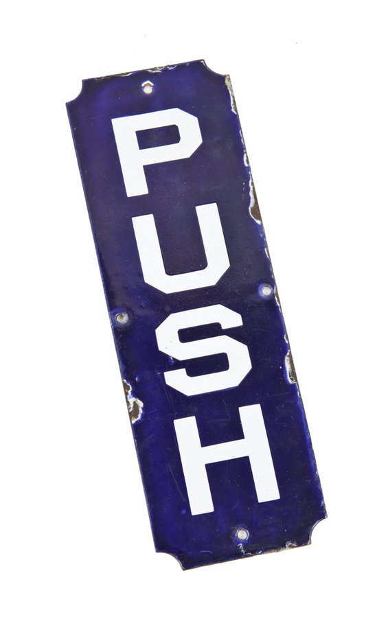 early 1920's american single-sided flush mount commercial store door cobalt blue porcelain enameled "push" sign with bold white lettering