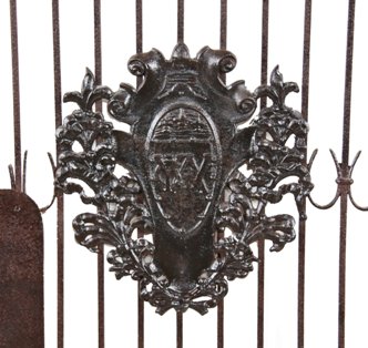 late 19th century original refinished wrought and cast iron ornamental interior y.w.c.a. hotel building elevator door with emblematic cartouche